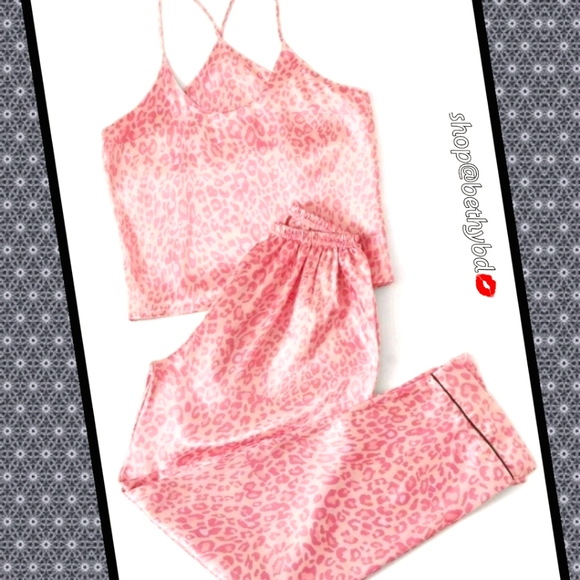 Belle of the Ball Couture Boutique Other - 🆑️Clearance! Baby Pink Leopard Satin PJ Set Size Spaghetti Straps at top L/XL